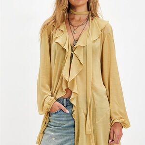Free People Light Antique Gold Ruffle Front Women's Blouse M NWT